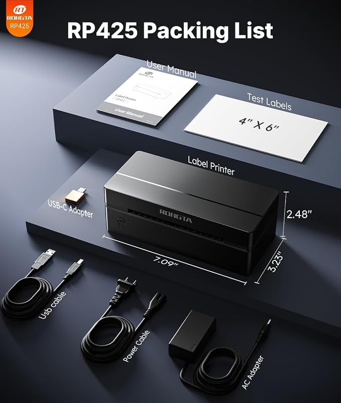 Rongta Bluetooth Shipping Label Printer, Wireless 4x6 Thermal Label Printer for Shipping Packages, Support Android, iPhone, Widely Used for Amazon, Shopify, Etsy, UPS, Black