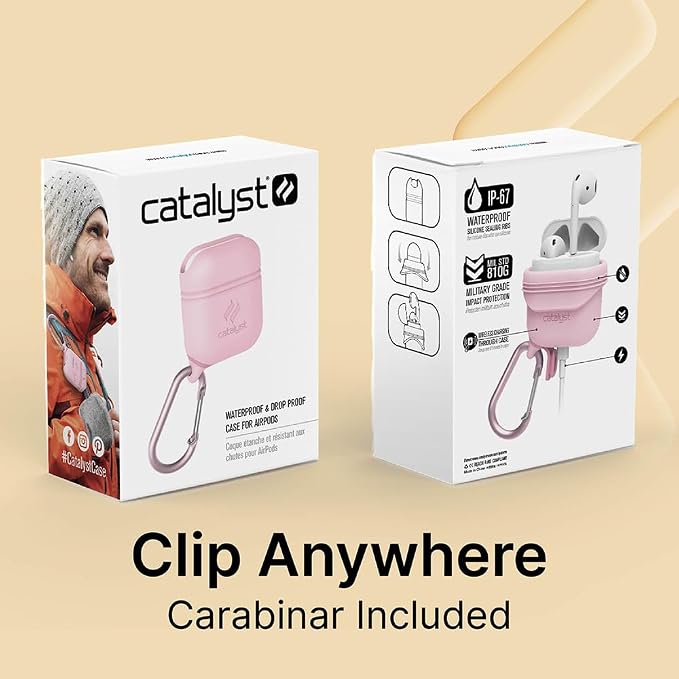 Catalyst Waterproof Case for AirPods 2nd Generation and AirPods 1st Generation - Wireless and USB-C Charging High Drop Protection AirPod Gen 2 and Gen 1 Case with Carabiner, One Piece Design