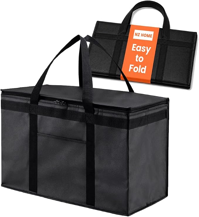 NZ home Insulated Bags for Food Delivery (2XL) Grocery Shopping Cooler Bag, Pizza Delivery, Hot & Cold Catering Tote, Reusable, Foldable & Heavy Duty (Black)