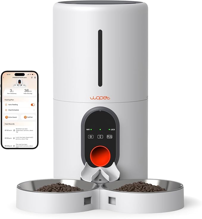WOPET Automatic Cat Feeder, 5G WiFi Pet Feeder for Two Cats or Dogs with Remote Control, 6L Cat Food Dispenser with Low Food Sensor, 1-10 Meals Per Day, Up to 10s Meal Call for Pets
