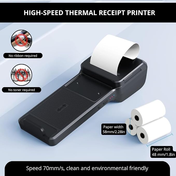 POS XP-P1 Portable Thermal Printer, USB & Bluetooth, 58mm Paper Width, High-Speed Printing, 1D/2D Barcode Scanning, Compatible with Windows, Linux, Android, iOS (Black)