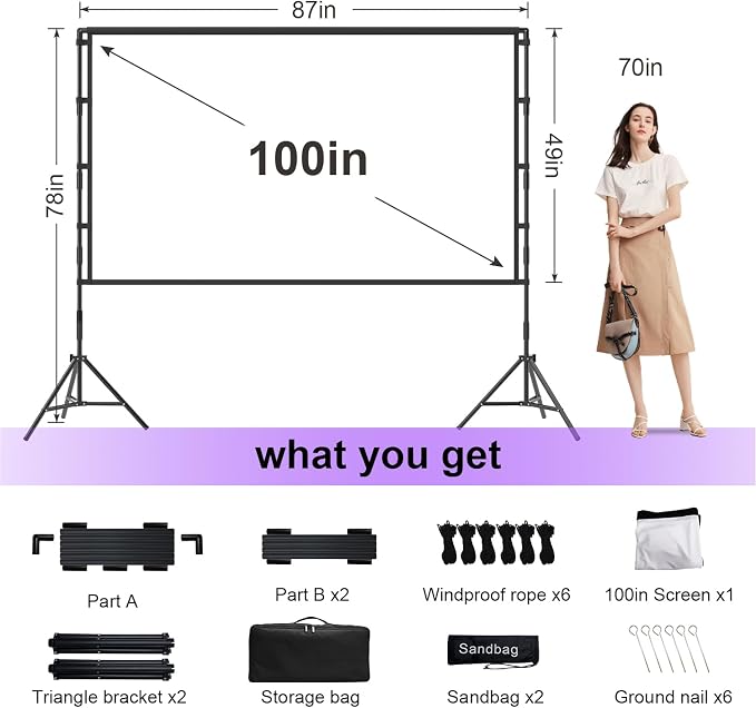 100 inch Projector Screen and Stand, Outdoor Indoor Projector Screen16:9 Foldable Portable Projector Screens for Movie Night Support Double Sided Projection 100inch