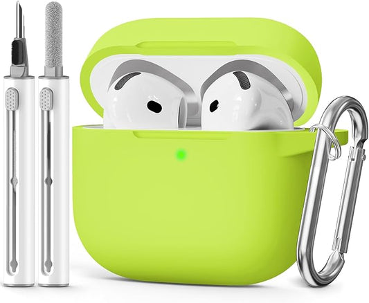 for AirPods 4 Case 2024 Come with Cleaner Kit,Soft Silicone Protective Cover for Apple AirPods 4th Generation Cases with Keychain,Compatible with AirPod 4 Case for Women Men-Fluorescent Green