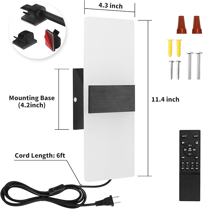 GOODATE Plug in Wall Sconce with Stepless Adjustable 3000K-6500K Colors and 10%-100% Brightness, 12W Acrylic LED Wall Light with Remote, Hardwire or Plug-in (1 Pack, Black)