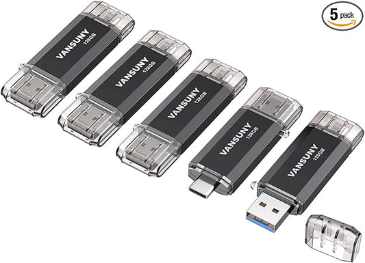 Vansuny 5 Pack 128GB USB C Flash Drive 2 in 1 OTG USB 3.0+USB C Memory Stick with Keychain Thumb Drive Photo Stick Jump Drive for Android Smartphones, Computers, MacBook, Tablets, PC