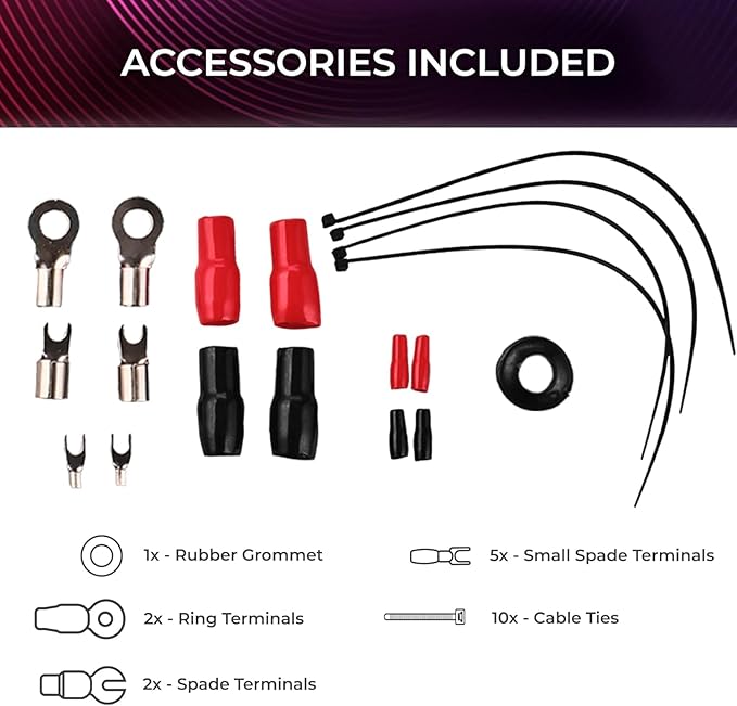 DS18 AKIT4.PU 4-GA Amplifier Installation Kit Up to 1680 Watts RMS, Mini-ANL Fuse Holder, Speaker & RCA Cables, CCA Amplifier Wiring Kit, Ultra Flex Wire, Amp Wire Kit, Amp Wiring Kit 4 Gauge - Purple