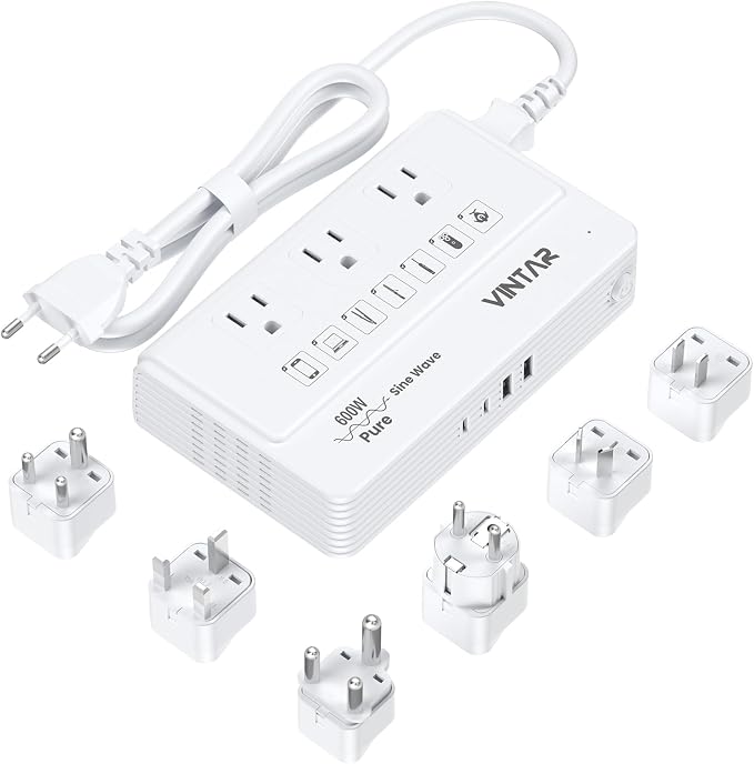 VINTAR 600W Pure Sine Wave 220V to 110V Voltage Converter US to Europe, Universal Travel Adapter with EU/UK/AU/JP/SA/India Plug, Step Down Power Transformer for CPAP Hair Straightener Curling Iron