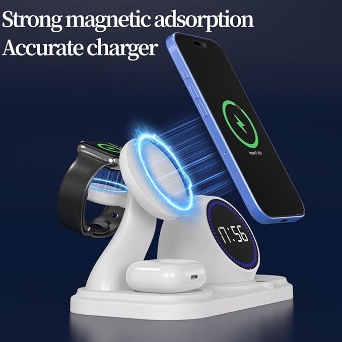 6 in 1 Wireless Charger for Apple Device，with Clock & 5 Color Ambient Light, Comes with Speakers,Nightstand Charger Station for iPhone 17/16/15/14/13/12/iWatch Series/AirPods (Black)