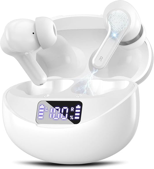 Wireless Earbuds, Bluetooth 5.4 HiFi Stereo Headphones with Noise Cancelling Mic, 50H Playback in Ear Buds with LED Digital Display, IPX7 Waterproof Earphones for Office/Running/Workout White