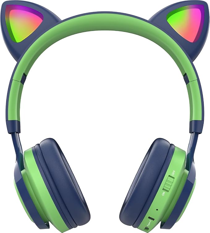 Riwbox Kids Headphones, CT-7S Cat Ear Bluetooth Headphones with LED Light, 85dB Volume Limiting, Over Ear with Microphone for Laptop/PC/TV (Green&Navy Blue)