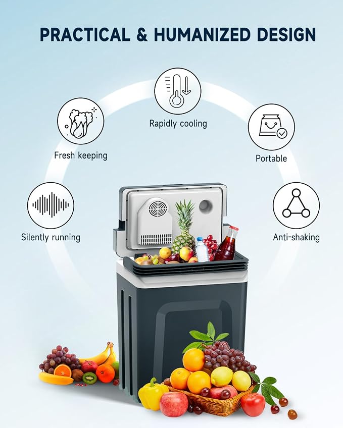 SubSun 27 Quart Electric Cooler and Warmer with Handle, 25L Portable Thermoelectric Fridge for Vehicles & Trucks, 12 Volt Car Fridge Cooler with 12V DC & 110 AC for Camping, Travel & Picnics, Grey