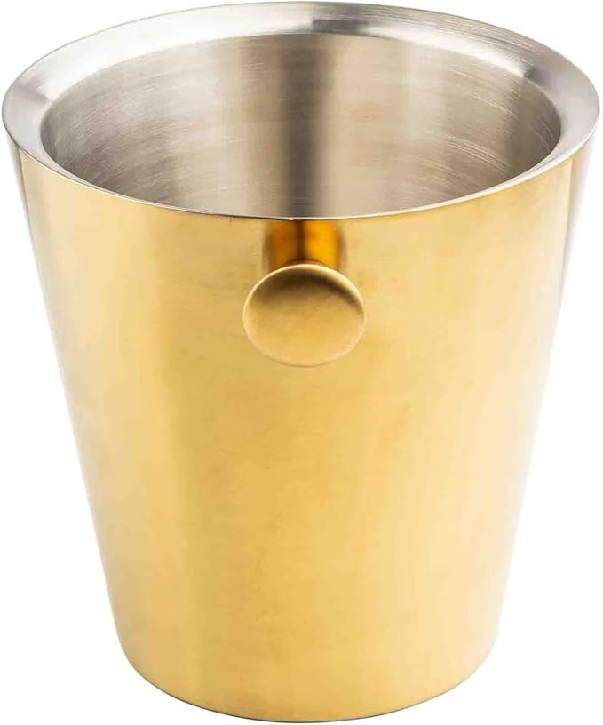 TableCraft 12931 Double Wall Wine Bucket with Knob Handles, 5 Quart Brushed Gold Stainless Steel Champagne Bucket, PVD Finish, Tapered Modern Design, Insulated Chilling Bucket for Bar or Tabletop