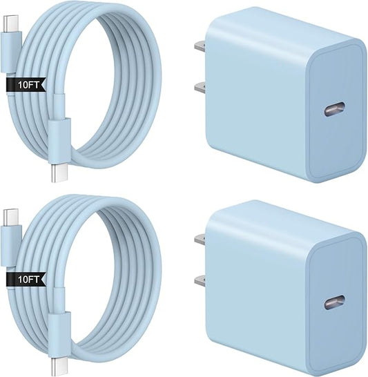 iPhone 17 16 15 Charger Fast Charging 2+2Pack 20W USB C Wall Charger with 10FT Fast Charging Cable Compatible with iPhone 17/17 Air/17 Pro/17 Pro Max/iPhone 16/15 Series, iPad Pro/AirPods-Blue