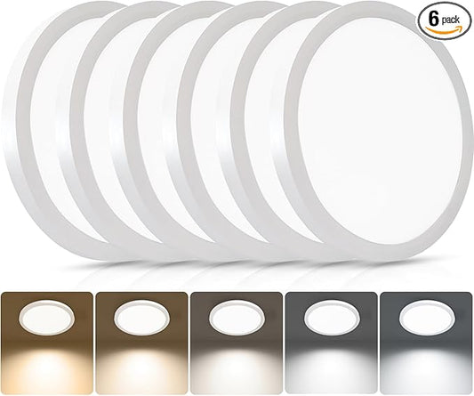 18W 2160LM Flush Mount Ceiling Light Fixtures, 2700K 3500K 4000K 5000K 6500K Selectable, 180W Equivalent, 9 Inch Flat LED Ceiling Lights for Bedroom Hallway Porch Closet, 6Pack, White