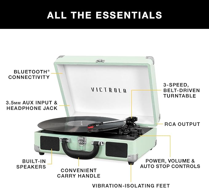 Victrola Journey Bluetooth Portable Suitcase Record Player – with Built-in Speakers, 3 Speed Vinyl Record Player, RCA Out, Headphone Jack (Green Olive)