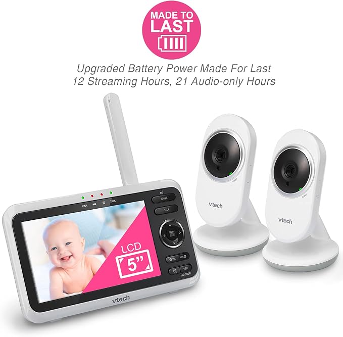 VTech Baby Monitor with 2 Cameras No WiFi & 5" Screen – Split-Screen, Patrol Mode, Night Vision, Two-Way Talk, Temperature Sensor, Lullabies, 1000ft Range | VM350-2
