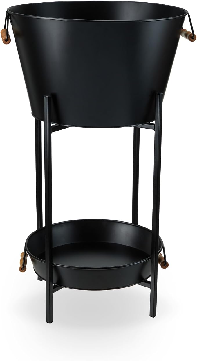 Twine Black Beverage Tub with Collapsible Stand, Large Metal Bucket and Tray, Ice Drink Buckets with Acacia Wood Handles for Parties, 3-Piece Set
