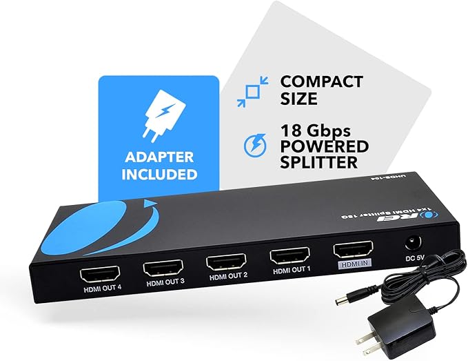 OREI HDMI Splitter 1 in 4 Out – 1x4 4K@60Hz HDMI 2.0 UHD Powered 4-Port HDMI Splitter with HDCP 2.2, EDID Management, 18Gbps Bandwidth – 4-Way Output for TV, Fire Stick, PS5, Blu-ray