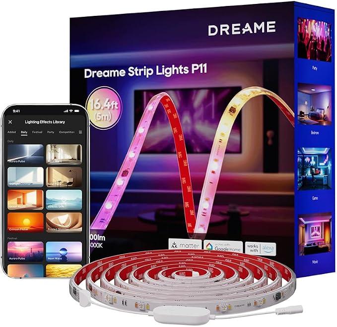 DREAME RGB IC LED Light Strip, 4-in-1 Technology Music Sync Color Changing Lights, 60 LEDs/m High Density Bright DIY 50 Segments, Works with Matter Alexa Google Home, Waterproof for Home Party Deco
