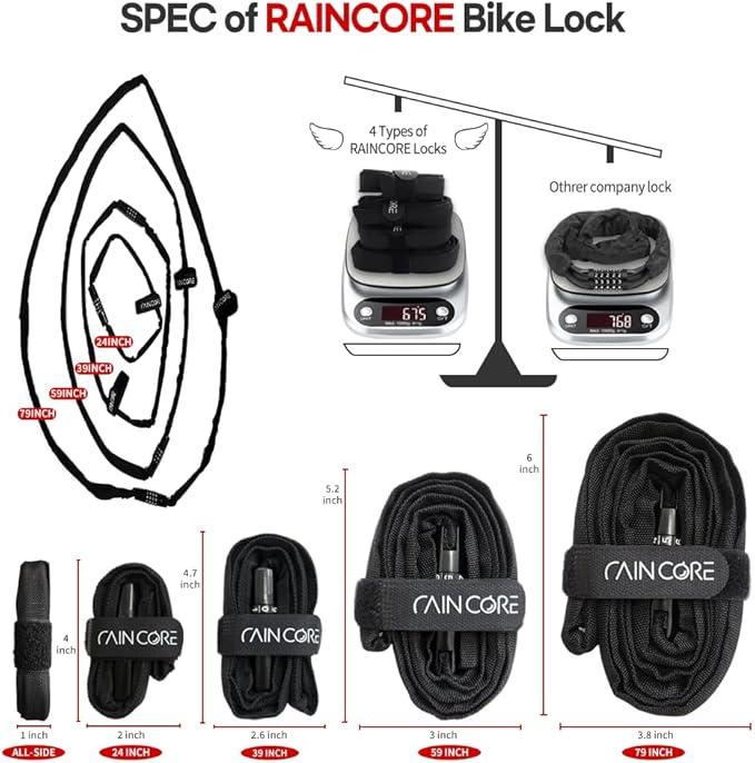 RAINCORE Light Weight Bike Cable Lock for Heavy Duti Anti Theft - 79 inch (200cm) - 0.47lb (216g) - Bike Chain Lock with Chain Cutter Proof Fiber - Patented Korea - Security Cable (79 inches)