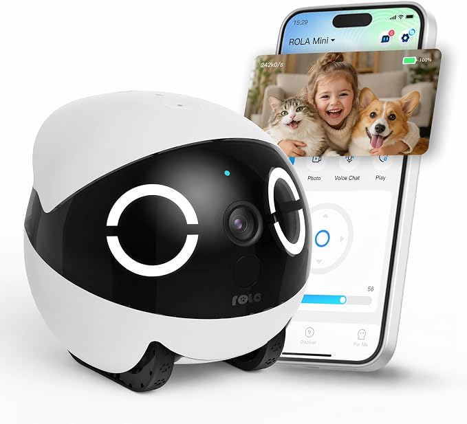 Mini Pet Camera Robot - Enabot EBO ROLA 2K HD Indoor Movable Camera with 5000mAh Battery, Two-Way Talk, Night Vision, Motion Detection, One-Touch Call for Pet Monitoring & Family Companion