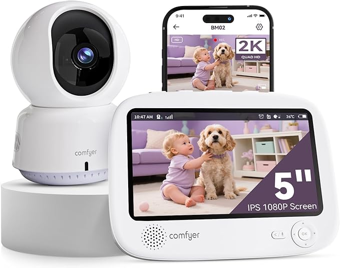 Comfyer Hybrid Video No WiFi & Smart WiFi Baby Monitor - 5" 1080P Split Screen & 2K Camera App Control, Motion Alerts, Sound Detection, HD Night Vision, 5050mAh Battery,Triple Security, 1600ft Range
