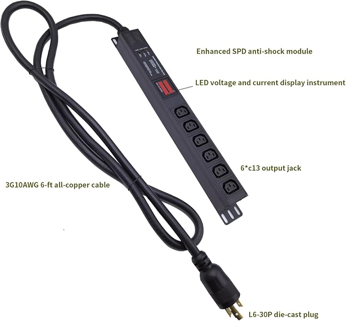 Meter SPD Function with L6-30p Plug C13 30A 240V 6 Way PDU for Internet Data Centre (FJ-NZEU-4Y7C)