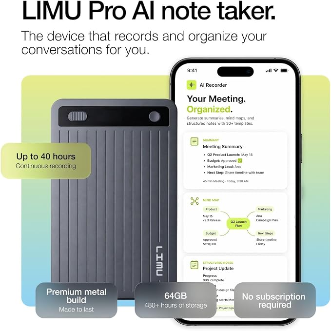 LIMU AI Voice Recorder, German Design AI Note Taking Device with GPT-5, Slim 64GB, 400 Min/Month Audio Recorder, Transcribe, Summarize, MindMap, 125 Language, AI Assist for Meetings, Calls, Lectures