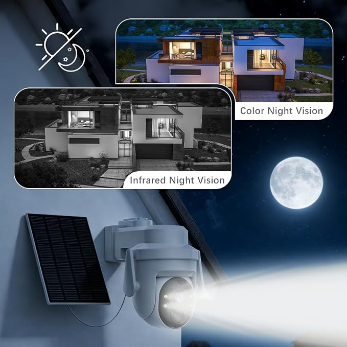 2K Solar Camera Outdoor Wireless, 2.4Ghz WiFi Battery Camera, 355° View Pan/Tilt Solar Camera with PIR Alarm, 2-Way Audio, Color Night Vision, IP65 Waterproof, Cloud & SD Storage