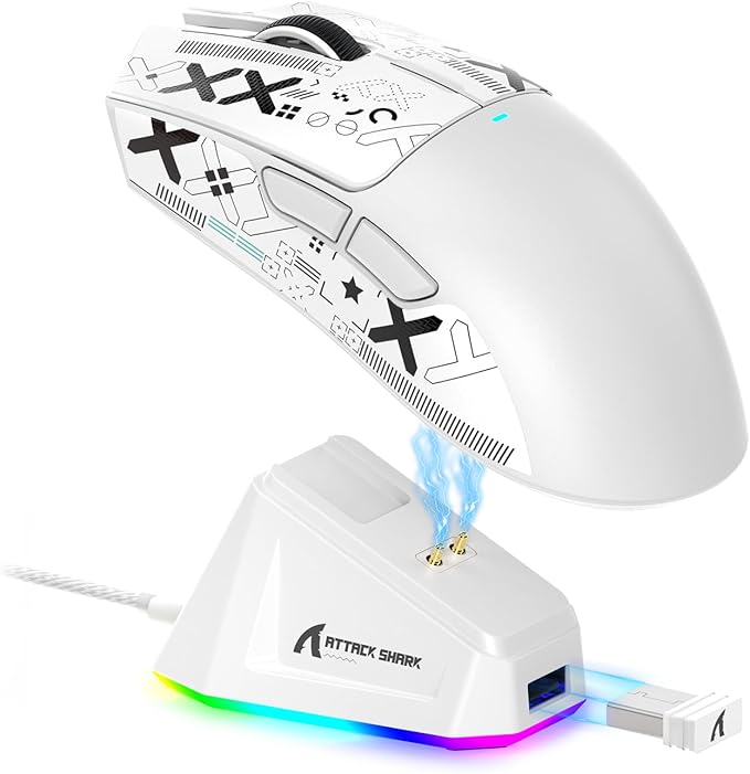 ATTACK SHARK X11 Lightweight Wireless Gaming Mouse with RGB Charging Dock,Tri-Mode-2.4G/USB-C Wired/BT,22K DPI,PAW3311 Optical Sensor,HUYU Switch, 5 programmable Buttons for PC/Mac(White&Sticker)