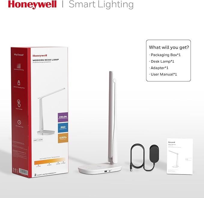 Honeywell HWT-H2 LED Desk Lamp for Home Office, CRI94 Full Spectrum Eye-Caring Light, Dimmable Table Lamp with USB-A & USB-C Charging Ports, Foldable Touch Control Reading Lamp, White