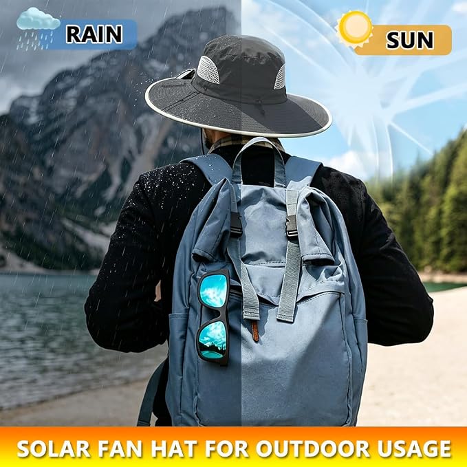 Solar Fan Hat Rechargeable 2Detachable Solar Fans,Water-Repellent Wide Brim Bucket Hat, Outdoor Camping Hiking Golf Sun Hat