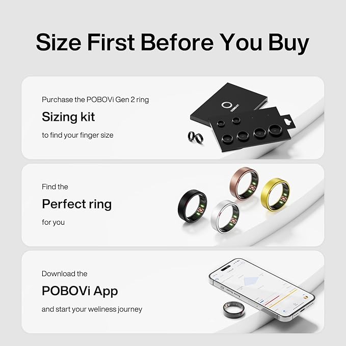 POBOVi Gen 2 Titanium Smart Ring for Women & Men, Sleep & Heart Rate Tracker, No Subscription, Size Before You Buy (Black, 10)