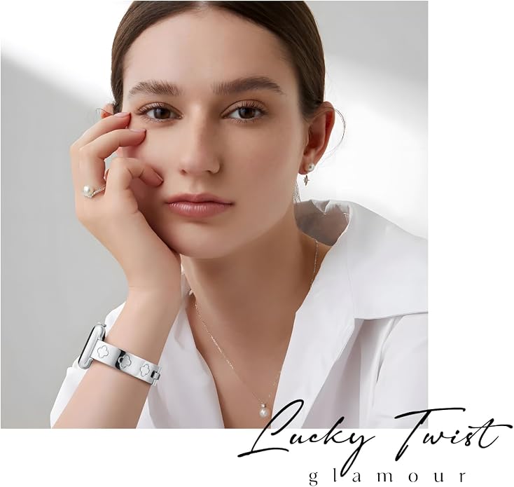 Missair Compatible with Apple Watch Band 38mm 40mm 41mm 42mm 44mm 45mm 46mm 49mm, Four Leaf Lucky Bracelet Women Dressy Stainless Steel Metal Clover Strap for iWatch Series 11 10 9 8 7 6 5 4 SE Ultra