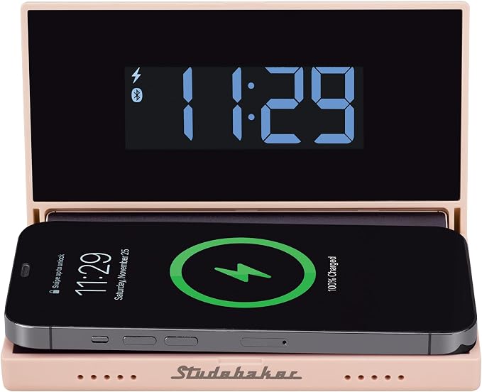 Studebaker Techmate All-in-One: Portable Travel Clock, Wireless & Wired Phone Charger, Bluetooth Speaker, and Power Bank (Rose Gold)