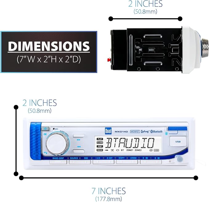Dual Electronics MXD140 Marine Stereo with Built-in Bluetooth | Single DIN 8-Character Sunlight-Readable LCD Display | Weatherproof | AM/FM Stereo Receiver | USB Port with 2.1 A Charging | White