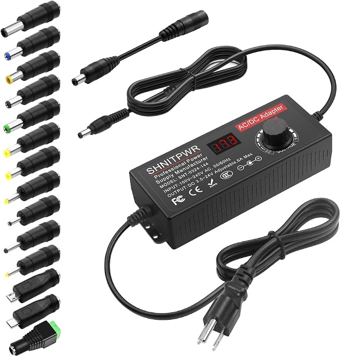SHNITPWR Universal Power Supply DC 24V 12V 5V 6V 9V 14V 19V Adjustable AC/DC Adapter 100V~240V AC to DC Variable Power Converter Multi-Voltage 4V ~ 24V 6A 144W Power Adapter 14 Tips LCD Display