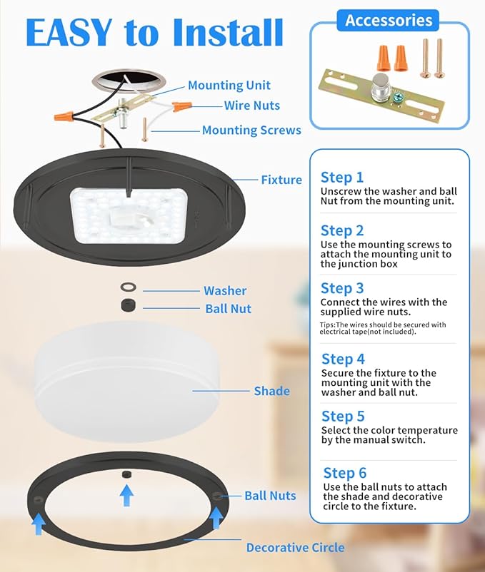 10” Matt Black Ceiling Light Fixture -10 Inch Flush Mount LED Ceiling Light for Bedroom Bathroom Closet Kitchen LED Fixture 2700K/3000K/3500K/4000K/5000K Adjustable,17W, ETL Listed
