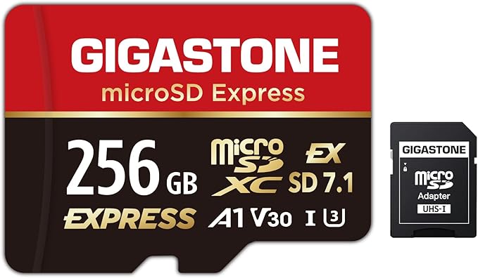 【Designed for Switch 2】 GIGASTONE 256GB microSD Express, MicroSDXC Express Memory Card SD 7.1 Speed up to R/W 880/650MB/s Compatible with Switch 2, Professional Camera, A1 V30 U3, with SD Adapter