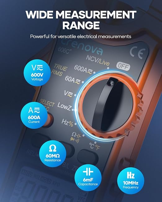 Crenova Clamp Meter Multimeter 6000 Counts TRMS Electrical Tester for AC/DC Current/Voltage,Resistance,Capacitance,Frequency,Duty Cycle,Temperature,Continuity,Diode,NCV for Industrial & Home Use