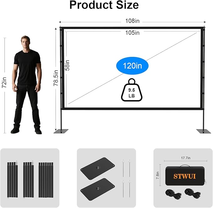 STWUI Outdoor Projector Screen with Stand - 120 Inch Portable Projector Screen Indoor and Outdoor Projector Screens 16:9 4K HD Wrinkle Free Lightweight Movie Screen with Carry Bag,Enioy Movie Nights
