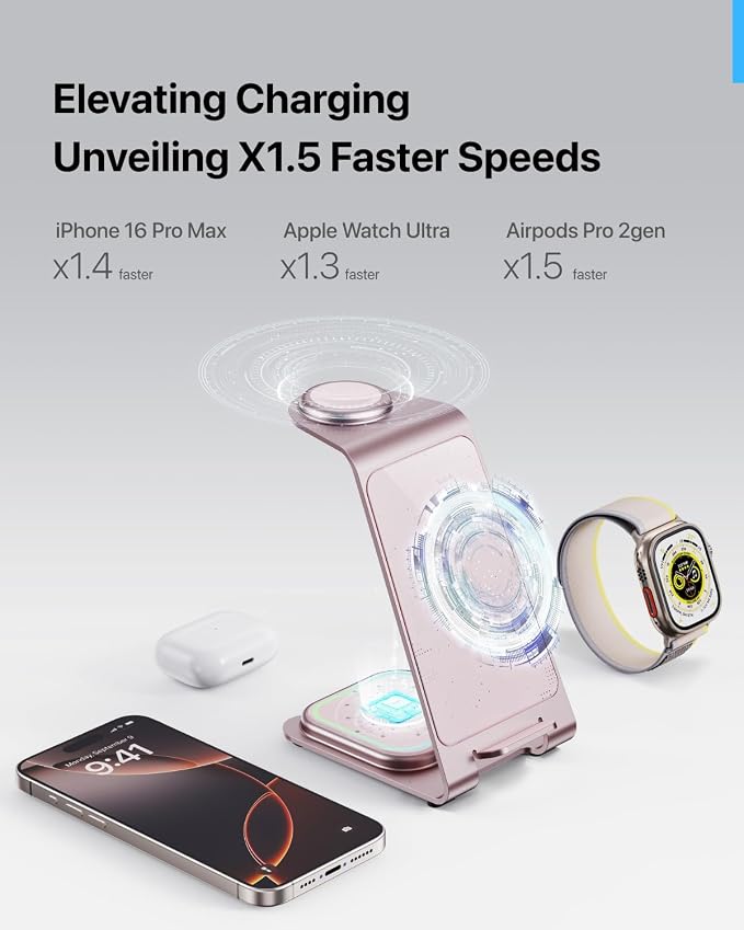 Intoval Aluminum 3 in 1 Wireless Charging Station for iPhone 17 16 15 14 13 12 11 Pro Max XR, Wireless Charger for Apple Watch 11 10 9 8 7 Ultra SE 3 2, Phone Charger for AirPods 4 Pro 2 3 (Pink)