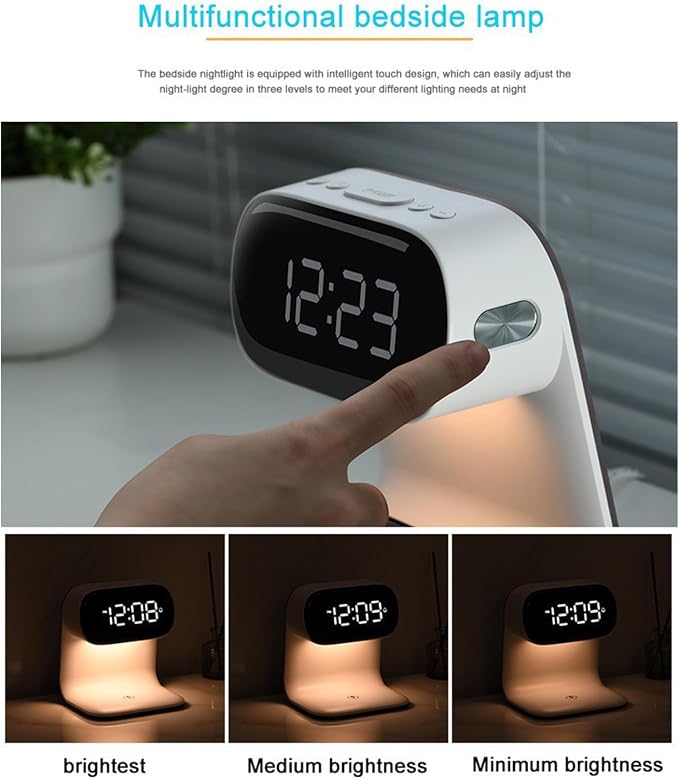 Multifunctional Wireless Charging Bedside Lamp with Digital Clock, Dimmable Night Light, 15W Fast Charge, Alarm & Touch Control, All-in-One Nightstand Organizer, A40 White.
