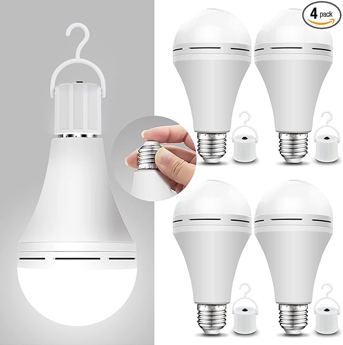Neporal 4 Pack Emergency-Rechargeable-Light-Bulb, Stay Lights Up When Power Failure, 1500mAh 15W 80W Equivalent LED Light Bulbs for Home, Camping, Tent (E27, with Hook) (Daylight)