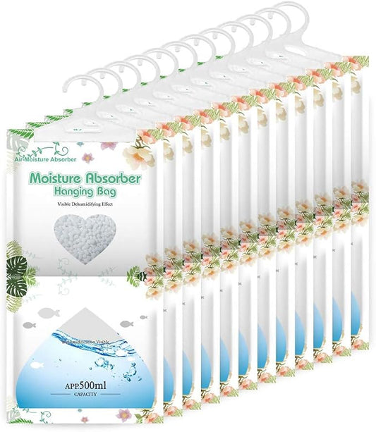 CANAGER Hanging Moisture Absorber-12 Packs, Hanging Dehumidifier Bags for Closet,Bedroom and kitchen,Fragrance Free,Moisture Absorb 12.5OZ
