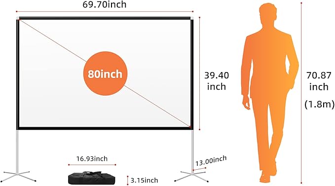 Portable Projector Screen with Stand Outdoor: Camping Projection Screen 80 inch 4K Movie Screen for Home Backyard Indoor 16:9 HD Night