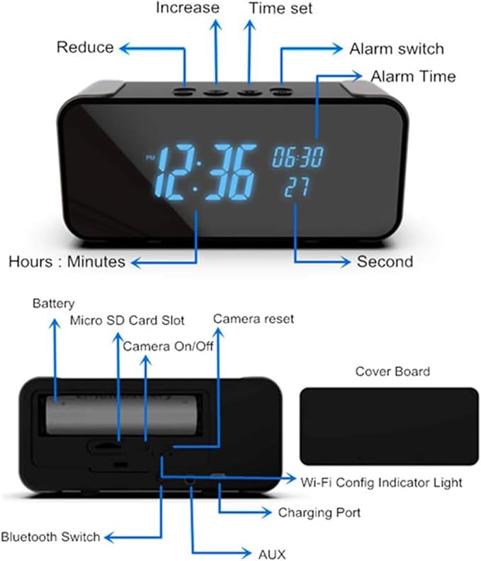 4K Hidden Camera Alarm Clock with Bluetooth, WiFi Wireless Nanny Cam for Home Security with Night Vision, Motion Detection, Remote Live Stream
