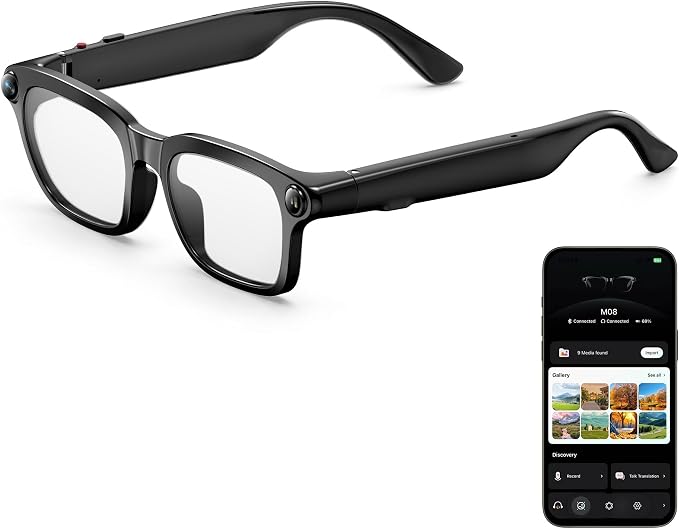 AI Smart Glasses with 8MP Camera, 1080P Video Recording & HD Photos for Men Women, Open-Ear Audio Bluetooth Glasses, Photochromic Lenses, AI Voice Assistant & Translation, Clear Calls & Music