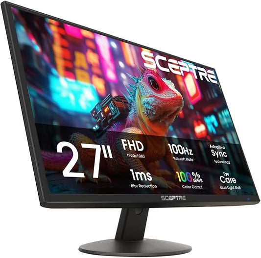 Sceptre New 27-inch Prime Monitor 100Hz HDMI x2 VGA 1ms 99% sRGB Eye-Care Build-in Speakers, Machine Black 2026 (E275W-19203R Series)