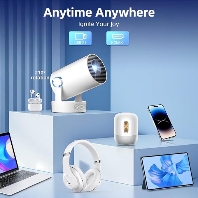 Mini Projector with WiFi and Bluetooth, Portable Projector 4K Support, 5W Soundbase Speaker, Auto Keystone Correction 180°Rotatable Smart Proyector for Movie Home HY300 Ultra